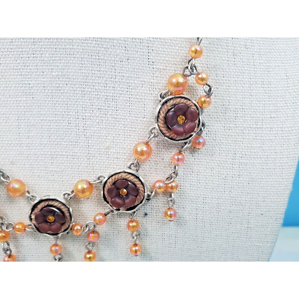 Brown Floral Festoon Chandelier Necklace Blue Faux Pearl Dangle Drop NWT